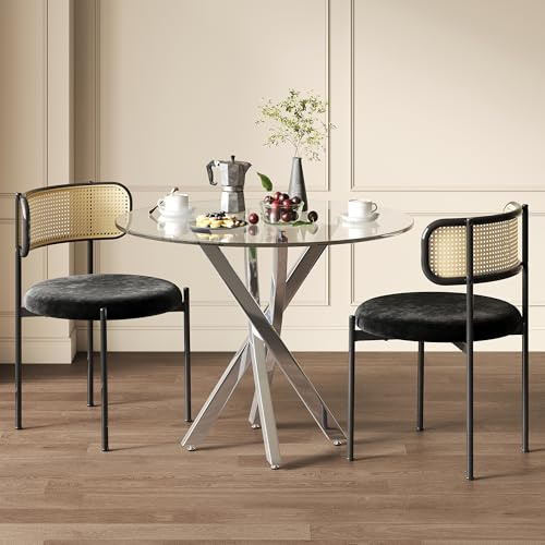 Rosebibi Tavolo da pranzo rotondo, 80x80x75, piano in vetro temperato, gambe del tavolo galvanizzate, tavolo da caffè ricreativo, moderno tavolo da pranzo semplice, argento