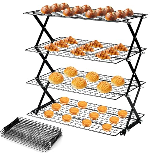 BEZORR 4-stöckiges zusammenklappbares Kühlregal, Antihaft-Abkühlgitter, Klappbares Kuchengitter, Platzsparendes Abkühlregal,Backkühlregal, Backutensilien für Muffins, Kekse, Pizza und Grillgut