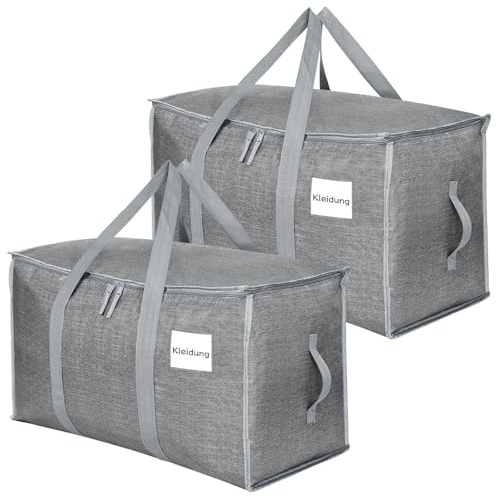 Dntorx 2 contenitori pieghevoli da 90 l con coperchio, colore grigio | tessuto in polipropilene, chiusura lampo, manici resistenti, finestra per etichette, per trasloco, campeggio