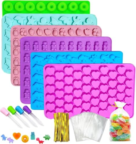 Eulihent 6 Pezzi Stampi in Silicone per Caramelle, Stampi per Orsetti Gommosi con 4 Pipette + 50 Sacchetti di Caramelle per Fare Gommose Cioccolatini Caramelle Piccoli Cubetti di Ghiaccio