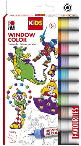 Marabu 0306000000100 - Kids Window Color Set mit 10 x 25 ml Farbe und Malvorlage A4 mit 18 Motiven, Fenstermalfarbe auf Wasserbasis, geeignet für Glas, Spiegel, Fliesen und Folie