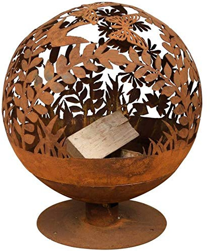 L'Héritier Du Temps Véritable Braséro Sphérique sur Pied Brasier Rond Motifs Clairière Papillon à Poser Extérieur en Fer Ancien Rouille 58x58x66cm