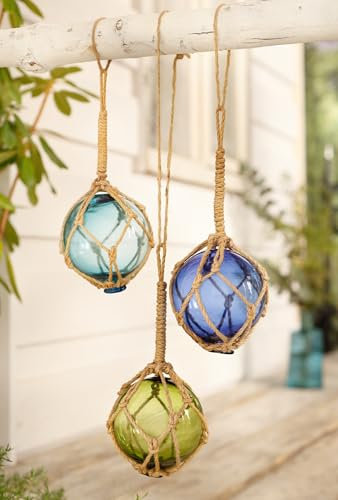Dekoleidenschaft 3er Set Deko-Glaskugeln im Fischernetz, blau, türkis, grün, Maritime Gartendeko, Hängedeko, Dekokugeln aus Glas zum Hängen für Drinnen & Draußen, Wanddeko, Fensterdeko
