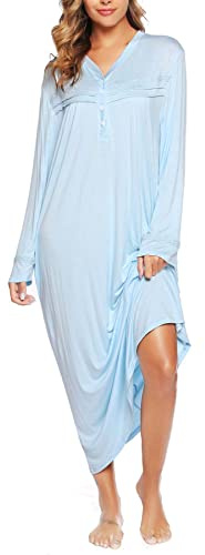 Vlazom Women's Nightgowns V Neck Sleep Shirt Long Sleeve Soft Nightdress Sleepwear Loungewear,Light Blue,XL