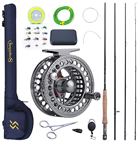 Sougayilang Fliegenfischrute und Rollen-Kombination, 4 Stück, ultraleichte, tragbare Fliegenrute und CNC-gefräste Aluminiumlegierung, komplettes Starterpaket mit Rutentasche, #5/6