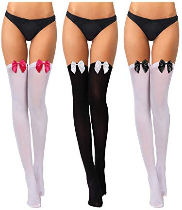 3 Pairs Women Bow Lace Thigh High Stockings Over The Knee Socks for Halloween Valentine's Day Dress Daily Favors (White with Black Bow, Black with White Bow, White with Rose Red Bow, Medium)
