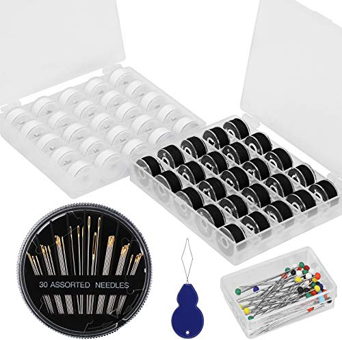 Pwsap 50Pieces Bobines à Fil à Couture, Noir et Blanc Machine à Coudre Bobine Transparent Fil de Canette avec Aiguilles à Coudre, pour Brother Janome Singer Chanteur Elna Babylock Kenmore Janome Elna