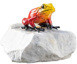 IDYL Bronze-Skulptur Roter Frosch auf Stein | 7x8x7 cm | Tierfigur aus emaillierter Bronze handgefertigt | Gartenskulptur |Dekoration für Haus und Garten | Hochwertiges Kunsthandwerk | Wetterfest