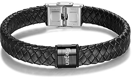 kaululu Bracciale Pelle Uomo Personalizzato in Argento con Famiglia Coppia Nomi Incisione Braccialetti Uomo con Nomi per Padre Fidanzato Migliore Amico Personalizzati Bracciali (Nero-1)