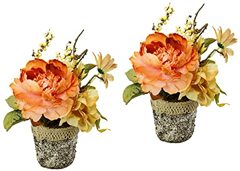 Künstliche Chrysanthemen im Topf 2er Set – Blumengesteck Orange 19 cm | Kunstblumen mit Blüten & Zweigen – Pflegeleichte Tischdeko für Wohnzimmer, Fensterbank, Büro & Herbstdeko