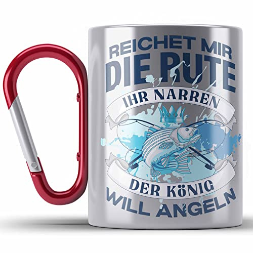 Trendation - Angler Edelstahl Tasse Karabiner Geschenk Männer Spruch Lustig für Fischer Geschenkidee Angeln Becher (Rot)