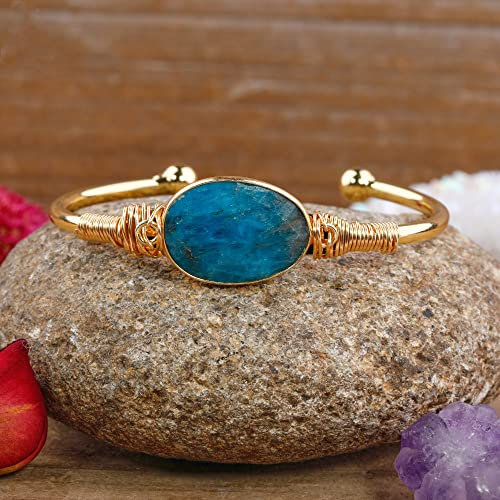Edelstein Armband, Art Und Weise Goldener Offener Stulpenarmreif Natürlicher Blauer Apatit Freundschaftsarmband Justierbare Chakra Armbänder Edelsteinenergie Glückliches Geschenk Für Frauen Absc