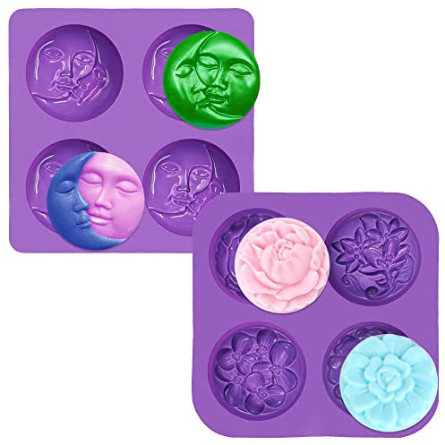 SENHAI - 2 stampi in silicone per sapone, 4 cavità sole e luna e 4 cavità a forma di fiore, per fai da te, lozioni, bar, torte, budini al cioccolato