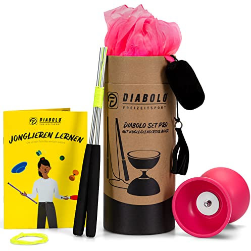 Profi Diabolo-Jonglierset - hochwertiges Diabolo mit Kugellager in pink inkl. Aluminium Sticks, langlebiger Schnur & 2 Leucht Pois in pink - ideal für Anfänger & Profis