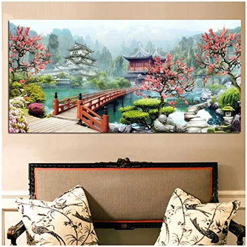 Diamant Painting 5D Paysage de jardin du Japon,Broderie Diamant kit Peinture Numero Adulte Strass Art Dots ,100x50cm Grand format Diamond Painting Complet Enfant,Canevas Tableau Maison Décor Murale