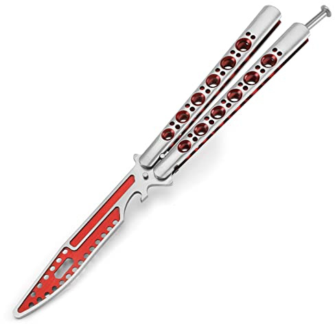 MARCOLO Practice Butterfly Trainer Full Stainless Steel Dull Balisong Trainer Unsharpened Butterfly Trainer Comb for CS GO Training Multifunctional Tool with Hexagon Wrench Bottle Opener Red