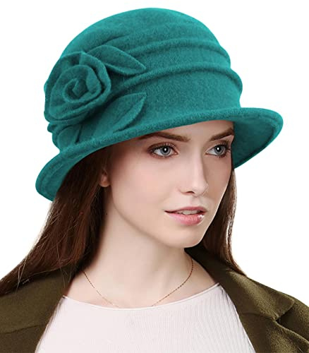 Sumolux Damen-Barettmütze, französischer Vintage-Stil, florales Wollkleid, Glocke, klassische Wintermütze, 1920er Jahre, B Türkis, Large