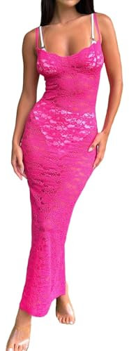 Vestito Lungo Donna Aderente Elegante Ragazza in Pizzo Floreale Vestito da Cocktail Senza Maniche Slim Senza Schienale Trasparente Bodycon Scollo a V Sexy Abito da Sera Casual (Rosso rosa , S )