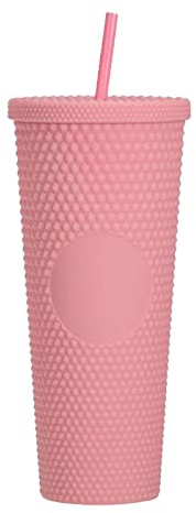 WMLBK Nieten Becher mit Deckel und Strohhalm,710ml Strohbecher Doppelwandige Kaltbecher Wiederverwendbar Plastik Trinkbecher für Saft Kaffee Home Office Wiederverwendbar(Rosa)