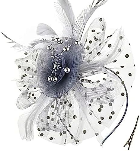 LATRAT Mesh Kopfbedeckung, Vintage-Feder-Bowler-Hut mit Mesh-Blumenherz-Haarteil, für Frauen Mädchen, Grau