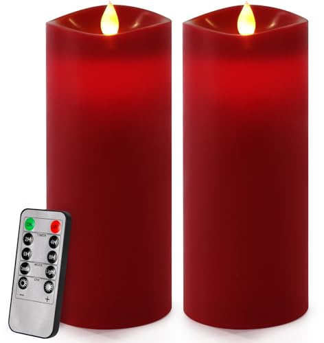 Enpornk 7” x 3” Flameless Candles, Flickering Moving Flame LED Candles, Battery Operated Candles with Remote and Timers, Burgundy, Set of 2