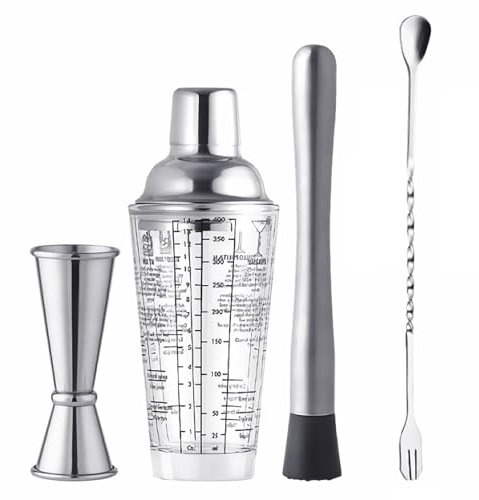 4-teiliges Cocktail-Shaker-Set, Martini-Glas, 400 ml, mit doppeltem Messbecher (30 ml und 60 ml), Cocktail-Stößel und Rührlöffel, Bar-Werkzeug, Barkeeper-Set für Cocktails, Mojitos, EIS, Obst,