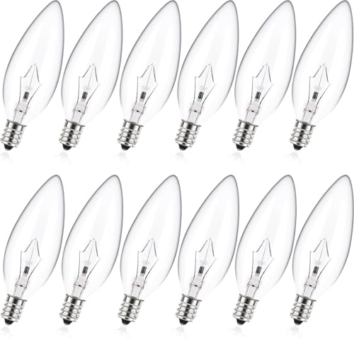 MEQIQTEK E12 60 Watt Incandescent Candle Light Bulbs, Chandelier Light Bulbs for Ceiling Fan, Vanity, Outdoor - Warm White 2500K, 500 Lumen Dimmable B10 Clear Candelabra Base Bulbs (12 Pack)