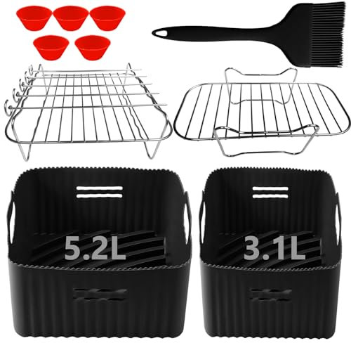 Dual Air Fryer Liners Compatible for Tefal Easy Fry 5.2L/3.1L,Tower T17099, Lakeland 5L/3L, Salter 5.5L/3.5L,Netta 9L, Different Two Size Dual Drawer Airfryer Accessories,Large+Small Silicone Liners