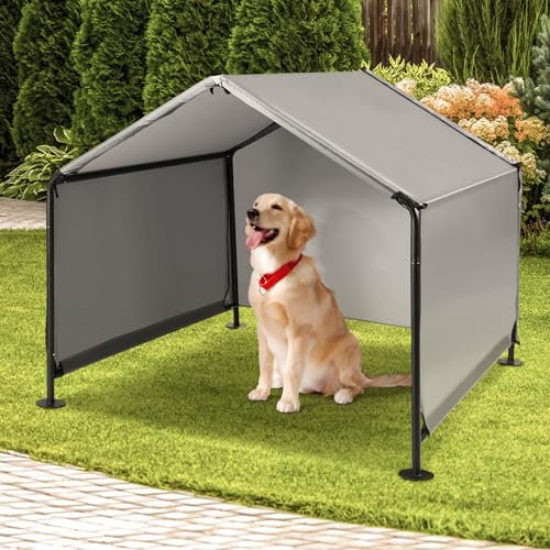 A.FATI Hundehütte Outdoor für Kleine bis Große Hunde, 120x120x100 cm, Wasserdicht Hundezelt mit Rückentür und künstlichen Weinreben, Sonnenschutz Hundeliege mit Dach für Hühner, Katzen, Farbe in Grau