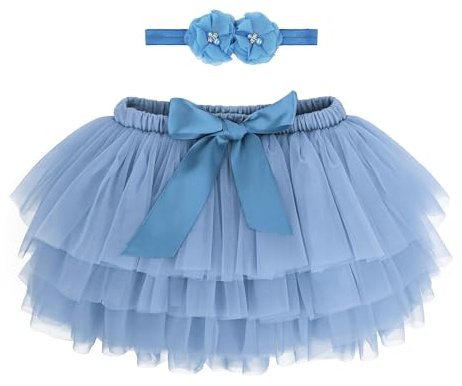 ANIMQUE Tutù Principessa per Bebè e Bambine, Mini Gonna Super Morbida in Tulle, Strati Elastici in Vita, Balletto, Corta con Copri Pannolino + Fascia, Blu Polvere XL, 2-3 Anni