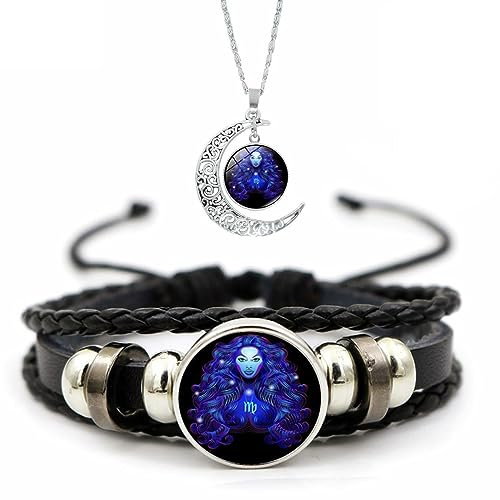 Spirilet Bracelet Zodiac Manifestation, Zodiac Signs Spirit Bracelet, Multilayer Adjustable 12 Constellation Weave Leather Bracelet and Moon Pendant Necklace for Men Women Girls Jewelry Gifts Set ( Co