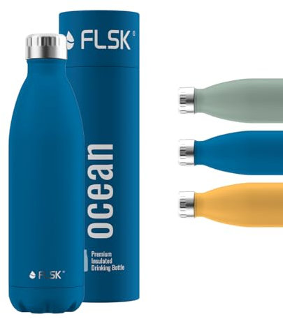 FLSK Trinkflasche I Premium Trinkflasche aus Edelstahl I 100% Auslaufsicher & Kohlensäure geeignet I Thermosflasche hält bis zu 24 Std. Kalt und 18 Std. Heiß (oceam, 750 ml)