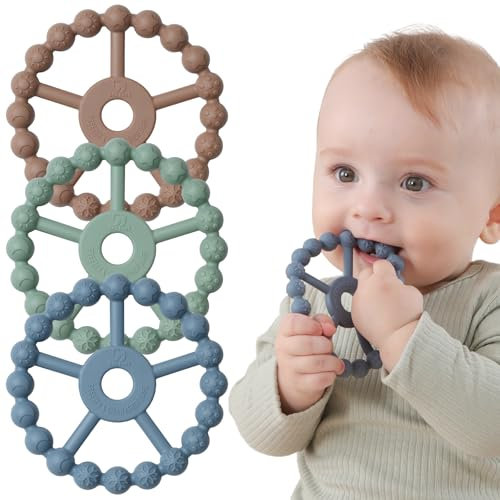 Seposeve Beißring 3er Pack, Kühlend Silikon Greifling Spielzeug Ab 9 Monaten, Babygeschenke 6-12, 12-24 Monate, BPA-FREI, Braun Grün Blau