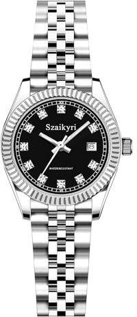 Szaikyri Classic Watch for Women with Solid Stainless Steel Band Ladies Dress Watch Womens Calendar Watch (Silver Black)