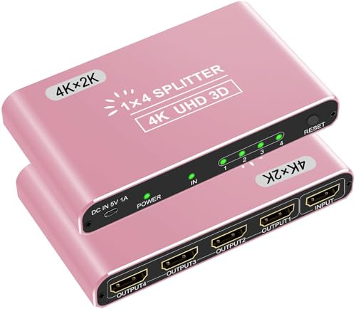 HDMI Splitter 1 in 4 Out, 4K@30Hz 4-Port Hub for 4 Monitors, Supports 3D, Full HD 1080P, Aluminum Design, Compatible with PS4, Fire Stick, HDTV (1 Source to 4 Displays, Mirroring Only) - Pink