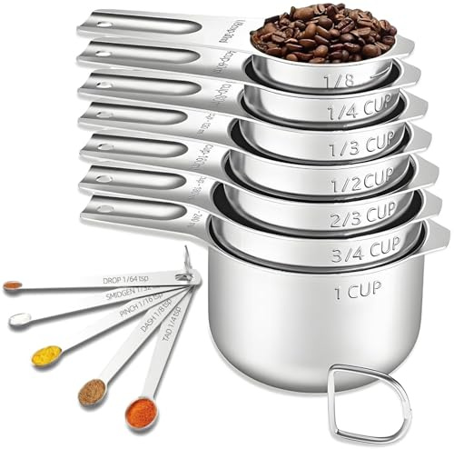 12PCS Measuring Cups and Spoons Set, 7 Stainless Steel Nesting Measuring Cups & 5 Mini Measuring Spoons, Metal Kitchen Gadgets for Cooking Baking, Dry and Liquid Ingredients Measurement