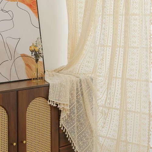 RUIXUAN Lot de 2 Rideaux Galon fronceurbeige Pompon, Style bohème, Crochet, Tricot,Galon fronceur, Salon, système de Rails, Chambre àcoucher, 150 x230 cm Voilage à Franges Galon Fronceur