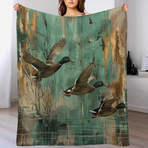 HDESDIS Mallard Duck Pattern Flannel Throw Blanket, Soft Cozy Warm Fleece Vintage Rustic Reed Pond Blanket for Couch Sofa Bed, 30x40 Inch