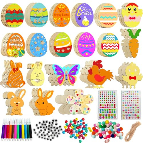 Yeelan Holzanhänger Ostern zum Bemalen, 264 Stück Ostern Basteln Holz, Osterdeko Basteln Kinder DIY Osteranhänger Holz Bemalen mit Aquarellstift, Aufkleber, Glocke, Auge, DIY Anhänger Ostern