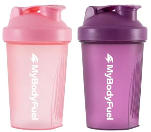 MyBodyFuel Shake-Becher, Protein Shaker inklusive Mixfilter, 2er Set, Shake-Becher 400 ml, BPA frei (Rosa/Lila)