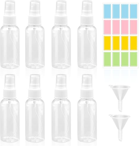 BORISCA 8 Piezas Botes Spray Pequeños 50ml Transparentes con 2 Embudos y 1 Hoja de Etiquetas, Bote Spray Pulverizador, Botellas de Viaje Rellenables Transparente, para Cosmética, Colonia (50ml*8)