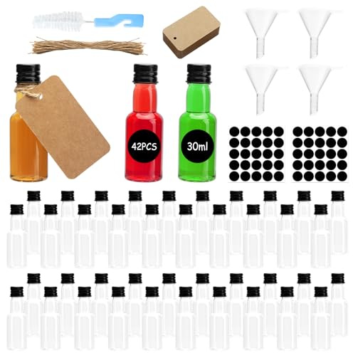 HENGBIRD 42pcs mini bouteille shot,petite bouteille shot de jus, mini bouteilles plastique, fiole plastique Deckel Convient pour les jus, les liqueurs, les desserts, le whisky