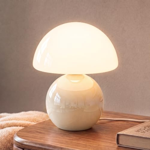 Dawnwake Pilz Nachttischlampe Tischlampe, Led Dimmbar Tischleuchte Deko Wohnzimmer, Schlafzimmer Tischlampen, Mushroom Bedside Table Lamp, Keramikbasis Glas Klein Nachtlampe (Creme)