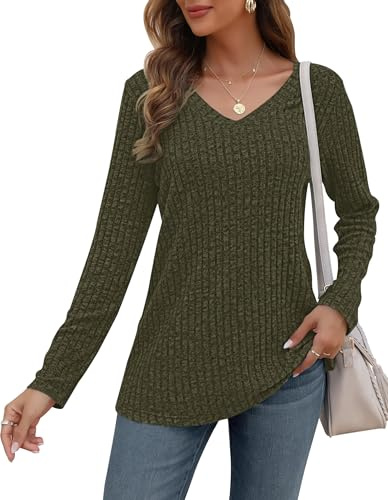 AUSELILY Lätta tröjor för kvinnor vardaglig enfärgad pullover tröjor v-ringad långärmad toppar för kvinnor gåvor, Armégrönt, XL