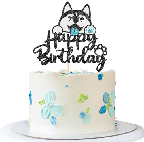 Husky Happy Birthday Cake Topper - Pet Dog Puppy Birthday Cake Supplies - Let's Pawty - Baby Shower Kid Bday Party Decorations - Black Glitter