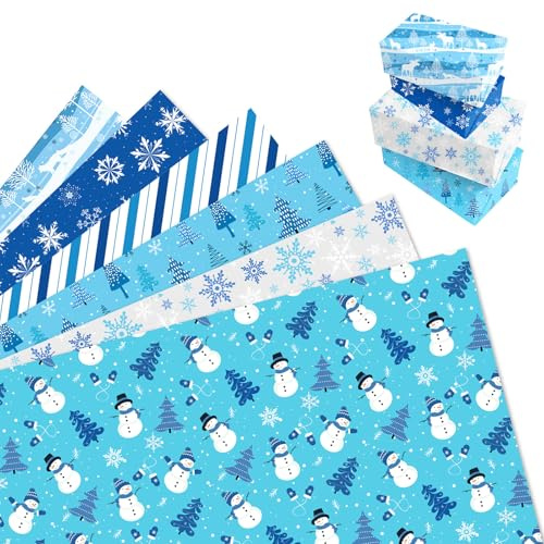 MORAINJAY 12 Bögen Weihnachts Geschenkpapier, Blau Schneeflocke Weihnachtsbaum, Rentier Schneemann, Geschenkpapier für Mädchen, Kinder, Junge, Geburtstag, Winter, Weihnachten, 68 x 50 cm