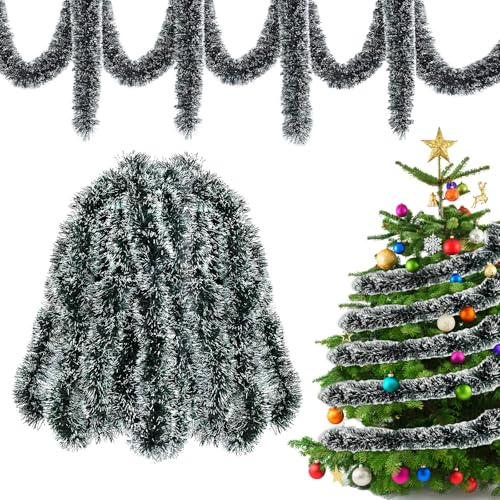 Weihnachtsgirlande 12M Grün Weiß,Girlande Weihnachten Outdoor,Weihnachtsbaum Girlande Deko,Lametta Girlanide Weihnachtsgirlande Tannengrün Christmas Garland für Treppe, Kamin und Party.