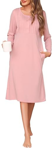 Wikoan Nattlinnen för Kvinnor, Långa Ärmar Bomull Nattlinne Elegant Spets Nattlinnen Kvinnor Med Knappar Fickor S-XXL, Rosenröd, L