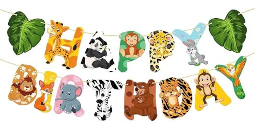 Jungle Animals Happy Birthday Banner, Safari Birthday Party Decoration, Colorful Jungle Theme Party Decorations for Children's Celebrations