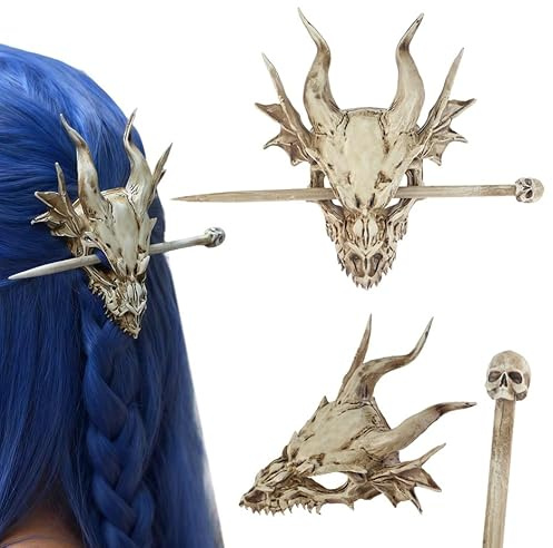 Dragon Skull Hair Stick, Gothic Horned Dragon Head Resin Bone Hair Slide Barrette for Women, Halloween Cosplay Fantasy Hairpin, Viking/Medieval Updo Holder, Spooky Skull Stick (1 Piece)